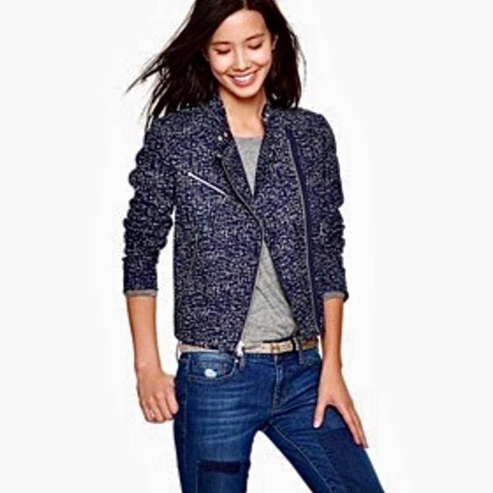 Gap Tweed Moto Navy Blue White Print Zipper Jacket